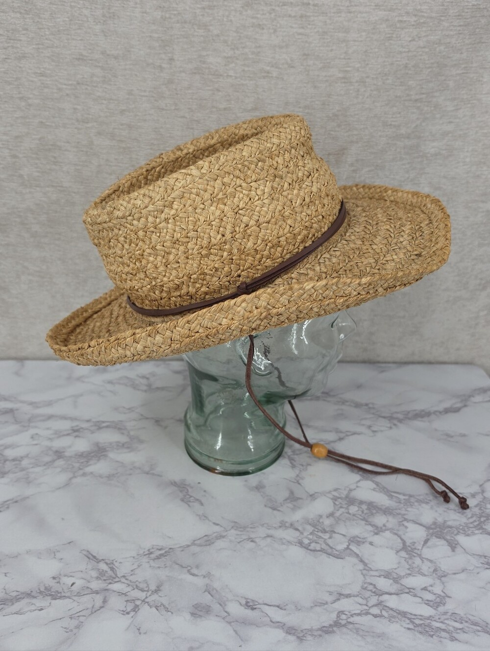 Outback Style Straw Wide Brim Sun Hat with Leather Chin Cord and Band